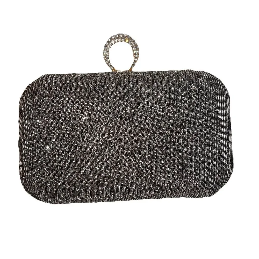 Clutch w/Rhinestone Ring Holder Silver NO STRAP Holiday/Bride Glam Party READ